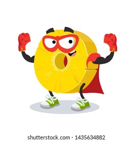 Superhero cartoon ring of canned pineapple character mascot in sneakers on a white background