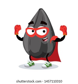 Superhero cartoon ripe black sunflower seed character mascot in sneakers on a white background