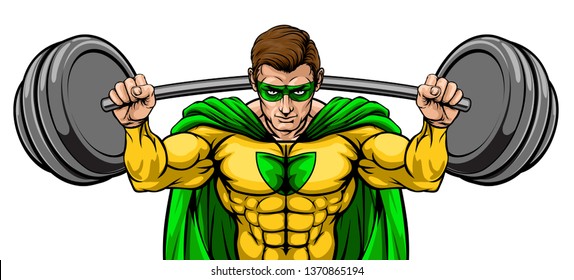 Superhero cartoon sports mascot weightlifter super hero character lifting very large barbell weight