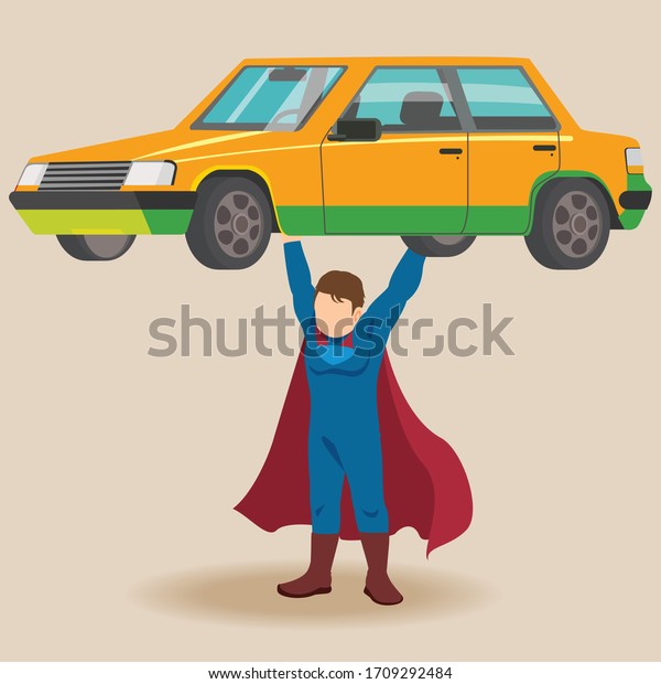 Superhero cartoon sports weightlifter. super hero\
character lifting very\
car.