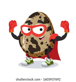 superhero cartoon spotted quail egg character mascot in sneakers on a white background