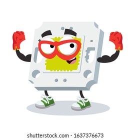 superhero cartoon square LED chip  character mascot in sneakers on a white background
