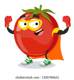 Superhero cartoon tomato character mascot on a white background