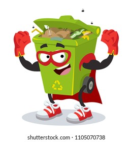 Superhero cartoon trash can character mascot in sneakers on a white background