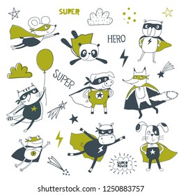 Superhero. Cartoon vector illustration. Little animals in superheroes costume