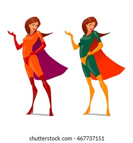 superhero, cartoon, vector illustration, super power girl. Business woman as superhero, characters