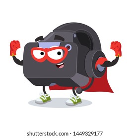 Superhero cartoon VR Virtual Reality headset character mascot in sneakers on a white background