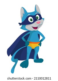Superhero cat in cape and mask. Fictional character in cartoon style