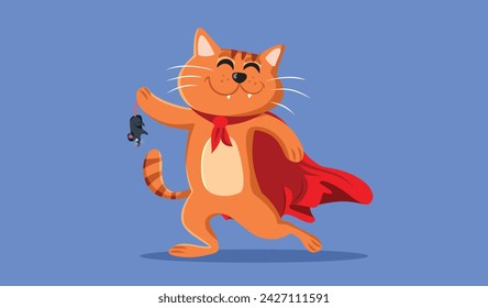 
Superhero Cat Catching a House Mouse Vector Cartoon illustration. Brave proud tomcat holding his prey as trophy
