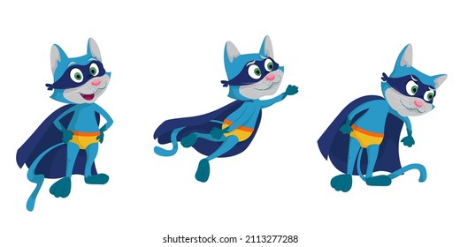 Superhero cat in different poses. Fictional character in cartoon style