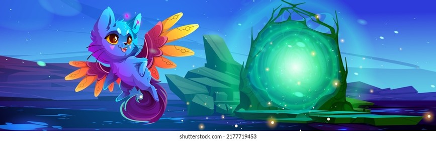 Superhero cat and fantastic portal at night. Vector cartoon illustration of alien world landscape with cute hero kitten with mechanical wings and stone or wooden arch with blue glow