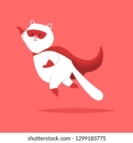 Superhero cat flying in a red mask and cape. Vector cartoon cute pet character isolated on background.