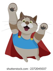 Superhero cat isolated on white background. Vector illustration in cartoon style.
