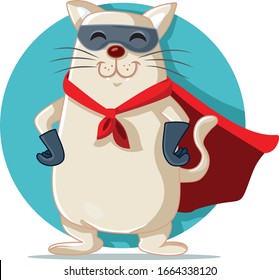 Superhero Cat Vector Cartoon Funny Character. Funny superheroine kitty with eye mask and red cape
