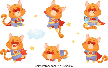 Superhero Cat Wearing Red Cloak and Mask Flying and Holding Fish Vector Set