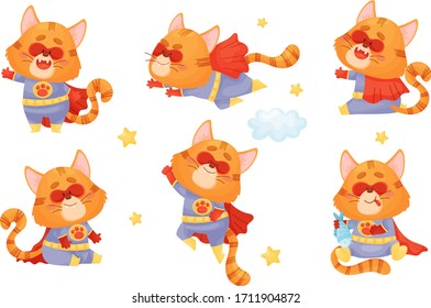 Superhero Cat Wearing Red Cloak and Mask Flying and Holding Fish Vector Set