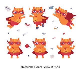 Superhero Cat Wearing Red Mask and Cape Having Super Power Vector Illustration Set