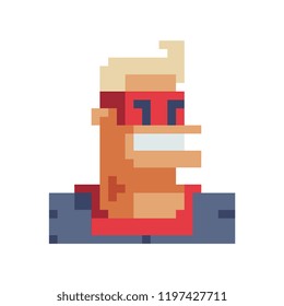 Superhero character. Avatar, portrait, profile picture. Super man in a mask. Pixel art. Design of 80s. Flat style. Game assets. 8-bit. Isolated vector illustration.