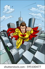 Superhero character with a cape in a cartoon pop art comic book style flying over a city