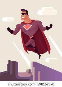 Superhero character jumping from roof. Vector flat cartoon illustration