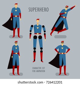superhero character set for animation. different poses, pats. vector illustration