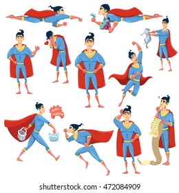 Superhero character vector  illustration set, superhero  in different poses, situations, with various emotions, flying with bouquet, doing super shopping, writing checklist