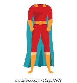 Superhero character wearing red and blue costume with cape standing in confident pose
