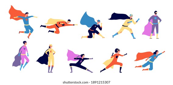 Superhero characters. Active hero, flying man woman in action. Cartoon power pose, flat people wear festival costume helmet utter vector set