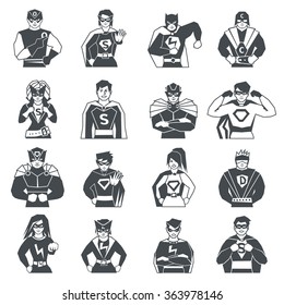 Superhero characters black white icons set with costumes flat isolated vector illustration 