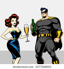 Superhero characters celebration wine and beer illustration