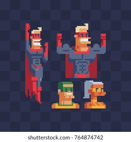 Superhero characters. Icon set. Pixel art flat style. 8-bit. Sticker design. Isolated vector illustration.