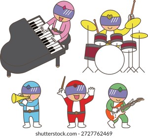 Superhero Characters Playing Musical Instruments Band Illustration Set