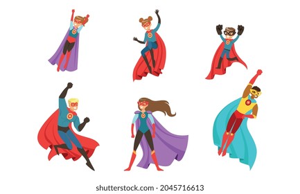 Superhero Characters Set, Brave Superman and Superwoman Characters Cartoon Vector Illustration