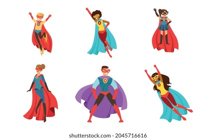 Superhero Characters Set, Brave Superman and Superwoman Characters Flying Wearing Costumes and Capes Cartoon Vector Illustration