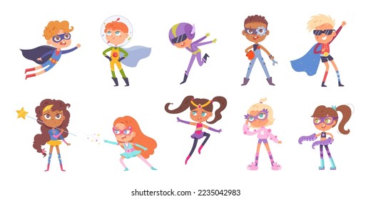 Superhero characters set vector illustration. Cartoon isolated strong and brave children heroes collection, little boys and girls in costumes, funny masks and flying cape playing imagination game