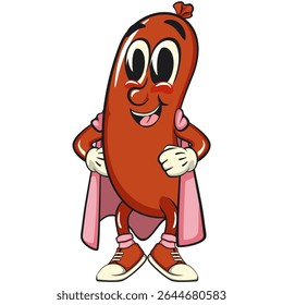 superhero cheerful sausage cartoon mascot, fun meat snack character illustration, isolated high-quality vector perfect for branding and design use, work of hand drawn