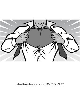 Superhero Chest Illustration - A vector cartoon illustration of a Superhero ripping shirt off concept.