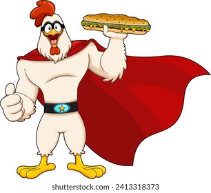 SuperHero Chicken Rooster Cartoon Character Present Best Sub Sandwich. Vector Hand Drawn Illustration Isolated On Transparent Background