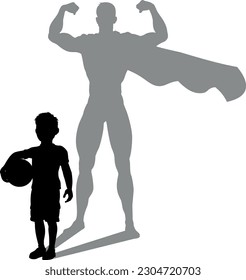 A superhero child or kid boy revealed by his shadow silhouette as a super hero in a cape.