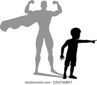 A superhero child or kid boy revealed by his shadow silhouette as a super hero in a cape.