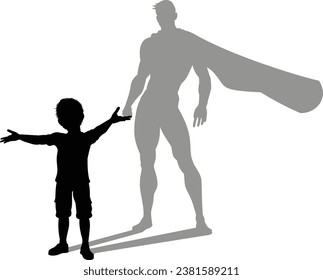 A superhero child or kid boy revealed by his shadow silhouette as a super hero in a cape.