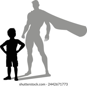 A superhero child or kid boy revealed by his shadow silhouette as a super hero in a cape.