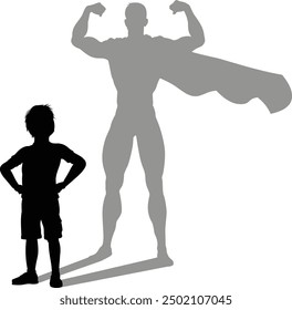 A superhero child or kid boy revealed by his shadow silhouette as a super hero in a cape.