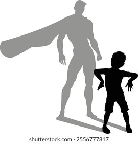 A superhero child or kid boy revealed by his shadow silhouette as a super hero in a cape.