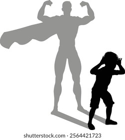 A superhero child or kid boy revealed by his shadow silhouette as a super hero in a cape.