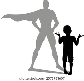 A superhero child or kid boy revealed by his shadow silhouette as a super hero in a cape.