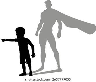 A superhero child or kid boy revealed by his shadow silhouette as a super hero in a cape.