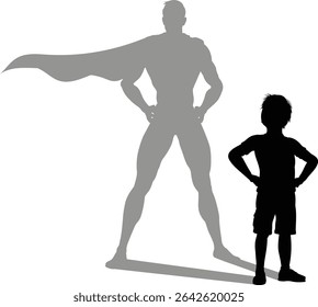 Uma criança ou garoto super-herói revelado por sua silhueta de sombra como um super-herói em uma capa.