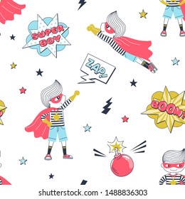 Superhero children cartoon vector seamless pattern. Comic book action texture. Kids in hero costumes, fight bubbles and bombs decorative background. Childish wallpaper, wrapping paper design