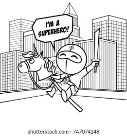 Superhero in the city Coloring page Vector illustration